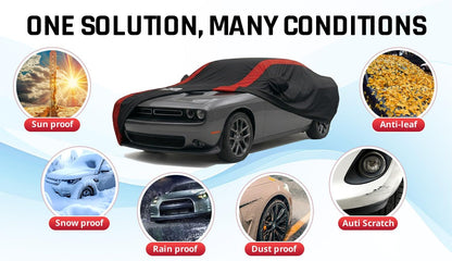 Car Cover Waterproof All Weather Protection with Red Stripe Design, Universal Fit Toyota Camry Solara, Ford Fusion, Kia Stinger Optima, Nissan Maxima, VW Passat, Subaru Legcy