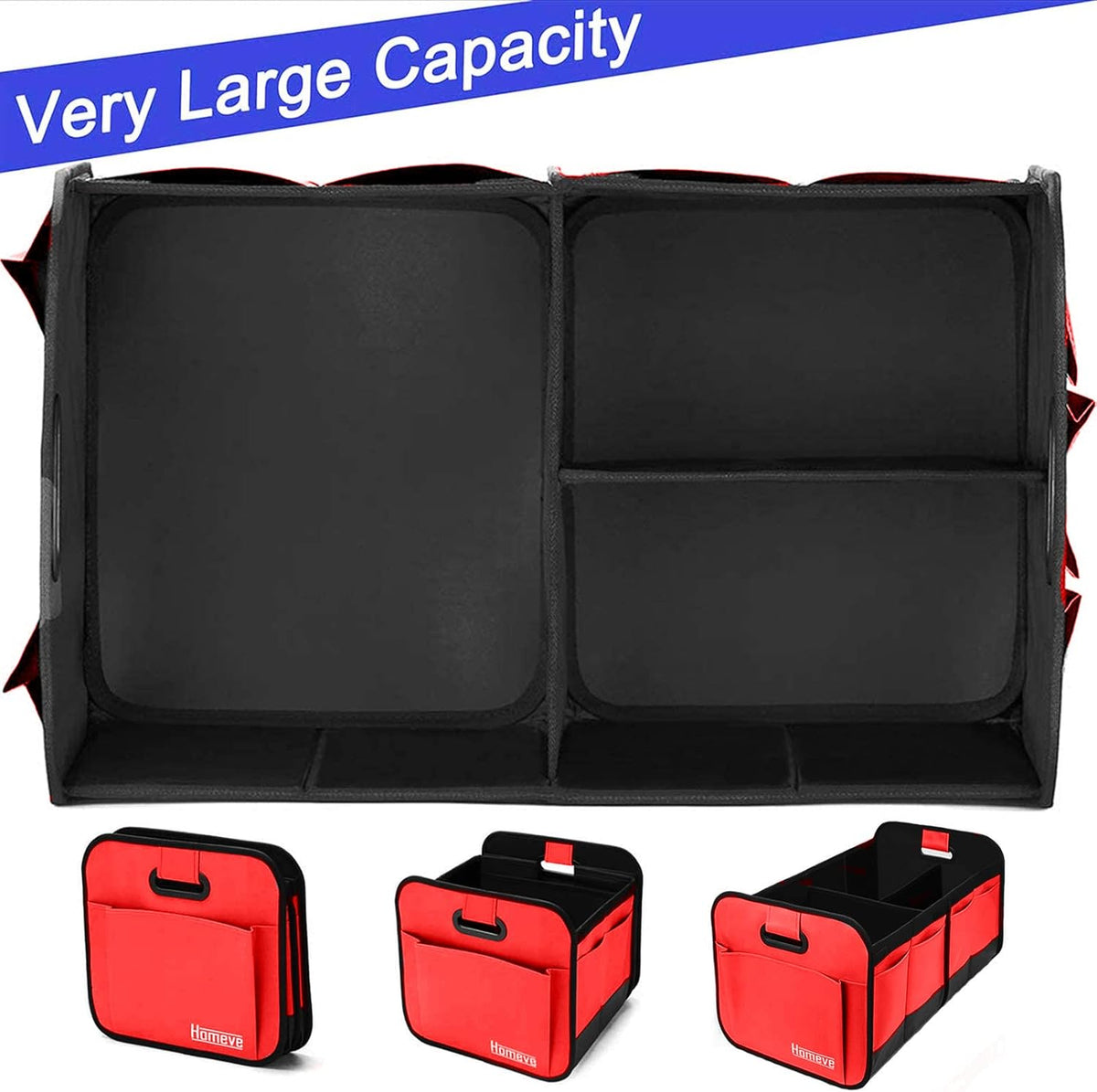 Homeve Car Trunk Organizer for SUV, 18.5Gal Large Capacity No-Sag Heavy Duty, Foldable Waterproof Anti-Slip Storage with 12 Pockets, Fit Sedan,Truck, Universal Car Accessories, Black, Large, 2 Compart