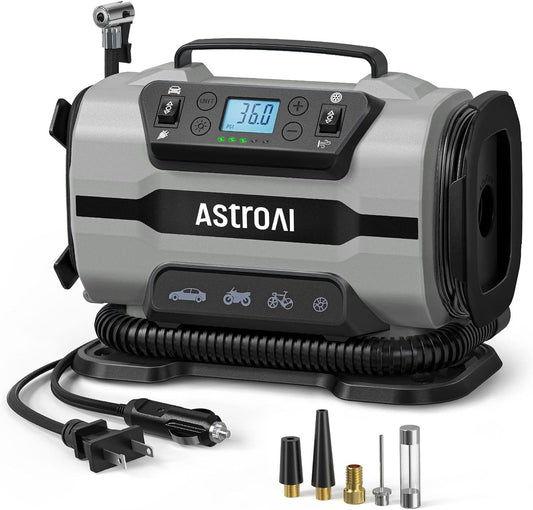 AstroAI Tire Inflator Portable Air Compressor Pump 150PSI 12V DC/110V AC with Dual Metal Motors&LED Light, Automotive Car Accessories&Two Modes for Car, Bicycle Tires and Air Mattresses, Yellow