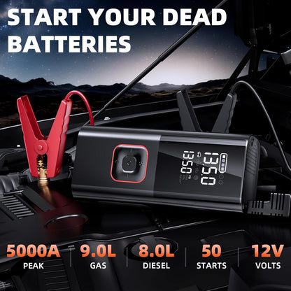 Jump Starter with Air Compressor, 5000A Battery Jumper Starter Portable (9L Gas/8L Diesel) with 160PSI Auto-Shutoff Tire Inflator, 12V Jump Box Car Battery Jump Starter with Jumper Cables, LED Light