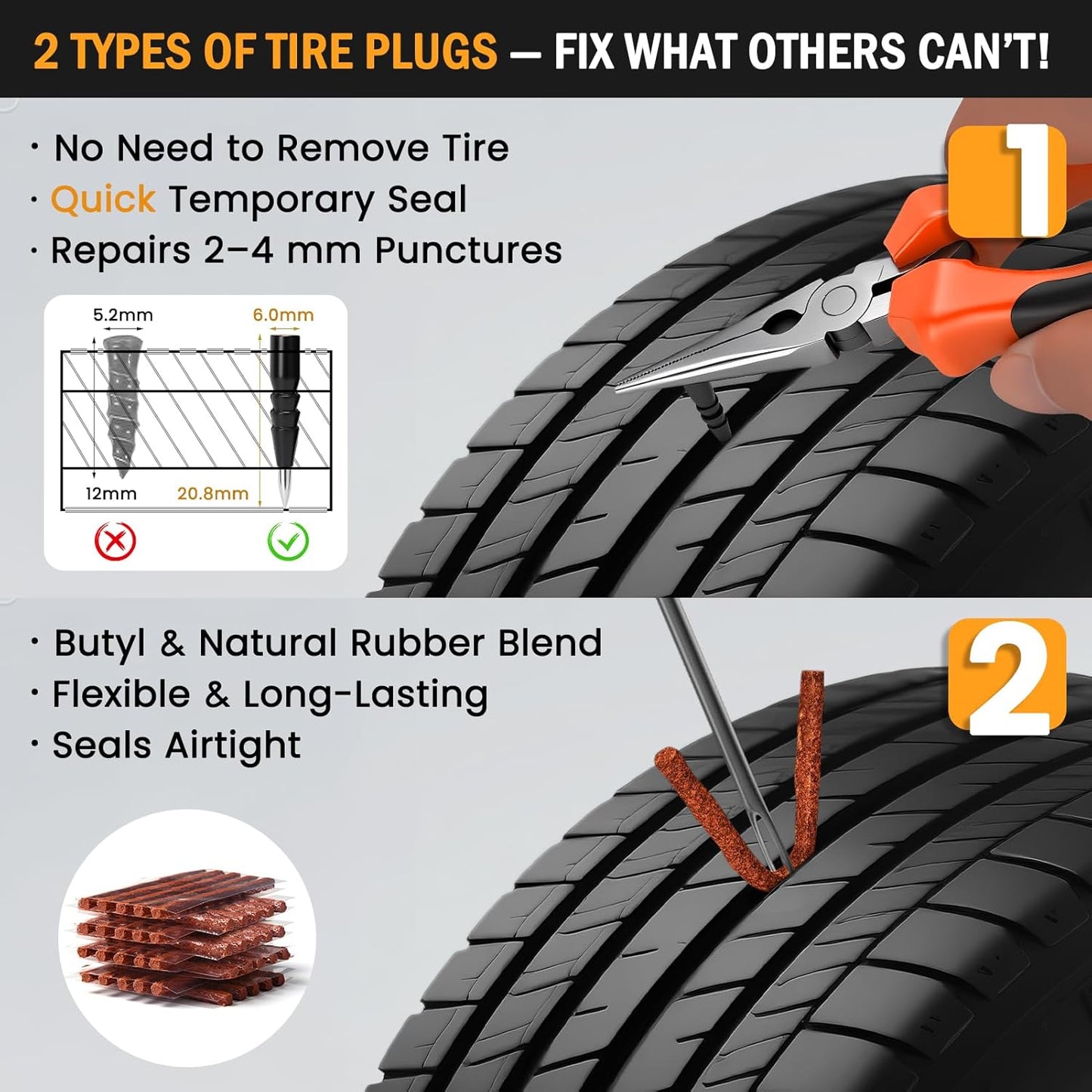 ORCISH Heavy Duty Tire Plug Kit - 70pcs All-in-One Universal Tire Repair Kit for Tubeless Flats, Emergency Tire Patch Kit for Car, Truck, SUV, ATV, Motorcycle, Trailer & RV