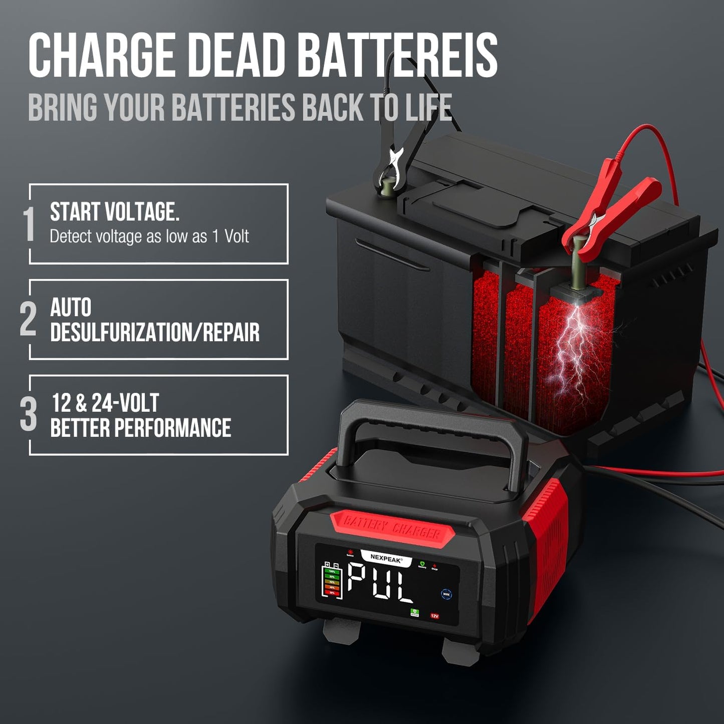 NEXPEAK 15A Battery Charger, Trickle Charger 12V/24V Car Battery Charger 9-Stage Smart LiFePO4 Charger Battery Maintainer w/Overcharge Protection Pulse Repair for Car Truck Motorcycle Lawn Mower