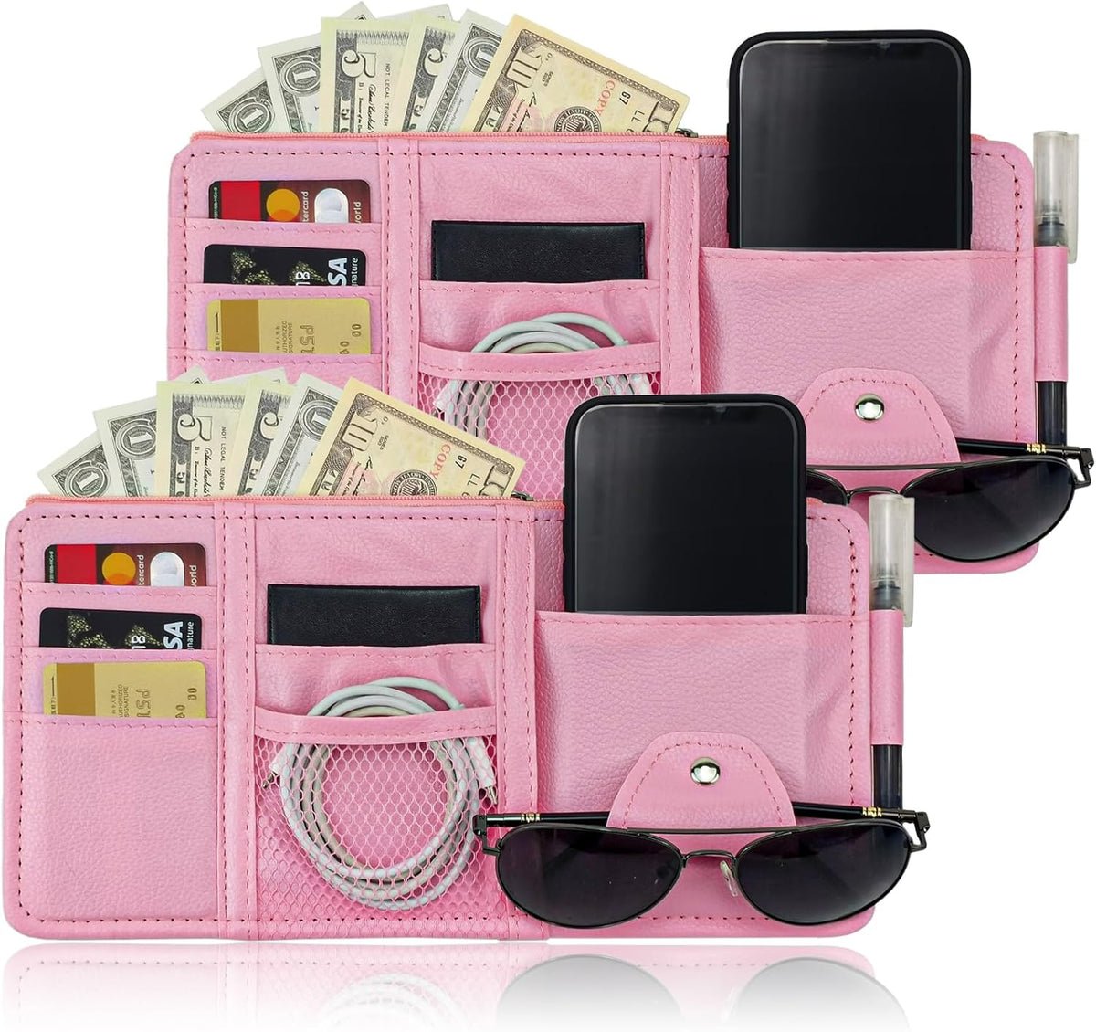 Keedolla Car Sun Visor Organizer, Truck Visor Organizer Car Sun Storage Pocket Pouch Case Bag for Sunglasses, Cards, Pens and Document - Pink