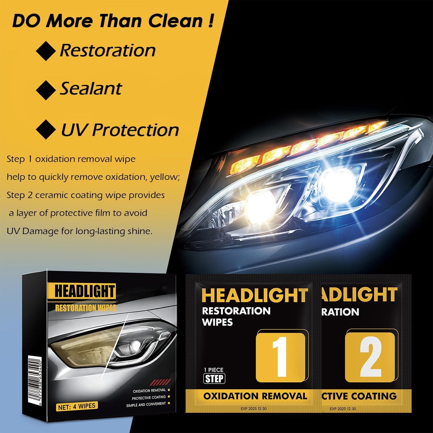Car Headlight Restoration Kit, 2-Step Headlight Cleaner with Oxidation Removal & Ceramic Coating Wipes, Removes Oxide & Yellowing Restore Clarity, Headlight Polish Restorer Kit