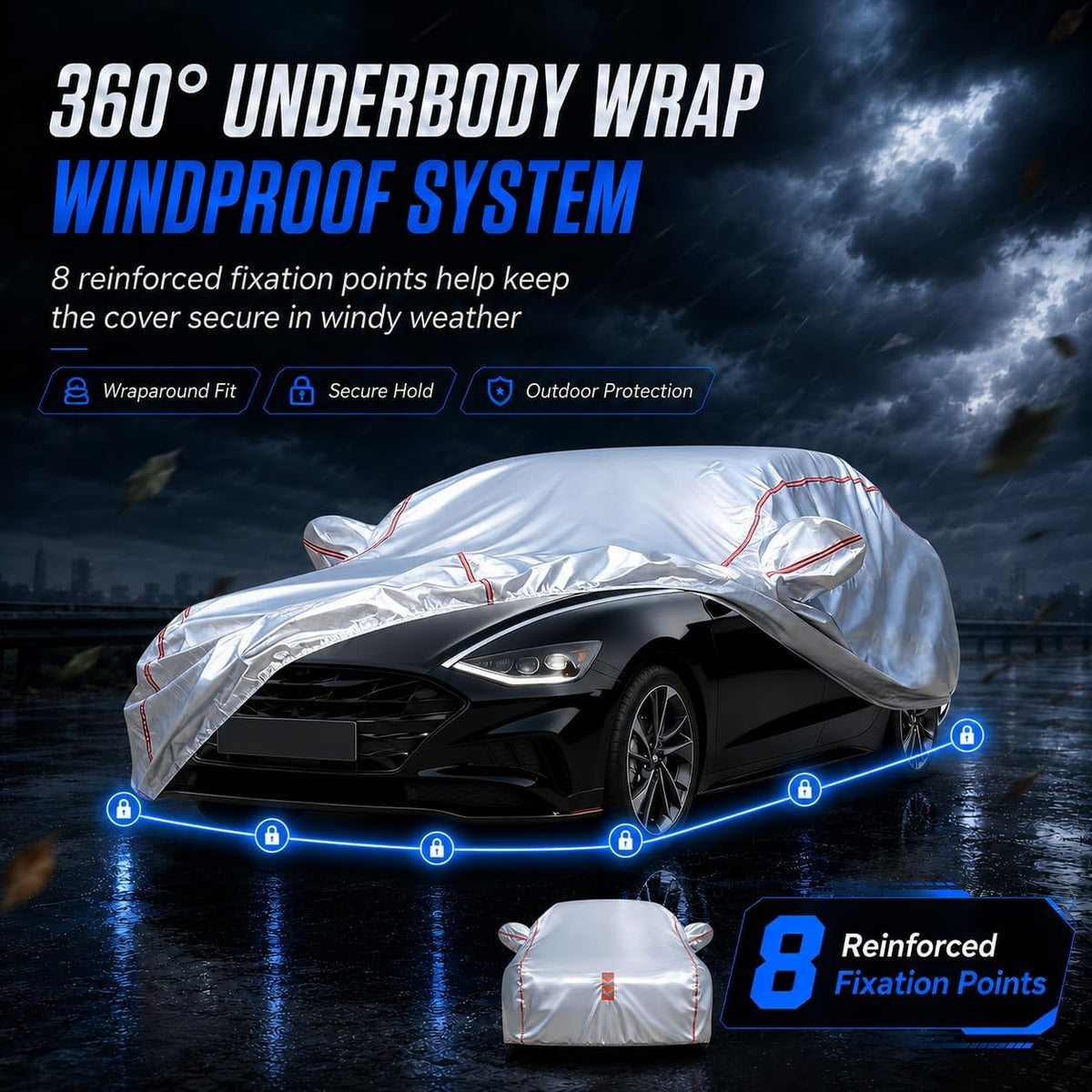 Car Cover for Sedan, Waterproof All Weather Heavy Duty, 360° Underbody Wrap Windproof Design, Quick Install Outdoor Vehicle Cover, Fits 186-193 in
