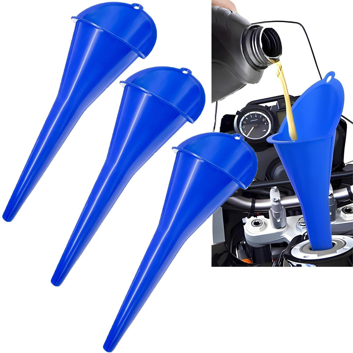 3-Pack Long-Neck Oil Funnels, 11" Multi-Purpose Funnels for Automotive & Motorcycle Use – Reusable Funnel for Oil, Gas & Transmission Fluid (Orange&Blue&Black)