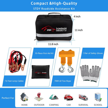 STDY Car Roadside Emergency Kit, Vehicle Truck Safety Road Side Assistance Kits Auto Accessory, with Jumper Cables, Tow Rope, Reflective Triangle, Tire Pressure Gauge, etc