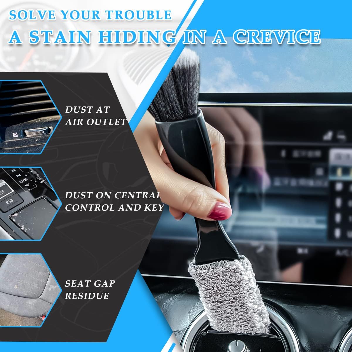 Ziciner 2 PCS Double Head Brush for Car Clean, Soft Auto Interior Duster Detailing Brushes, Universal Vehicle Dashboard Screen, Air Vents, Computer etc Cleaning Tool Accessories (Black)