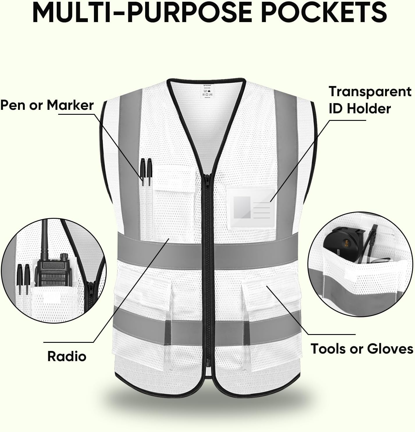 TICONN Reflective Safety Vest High Visibility Class II Mesh Vest for Women & Men Meets ANSI Standards
