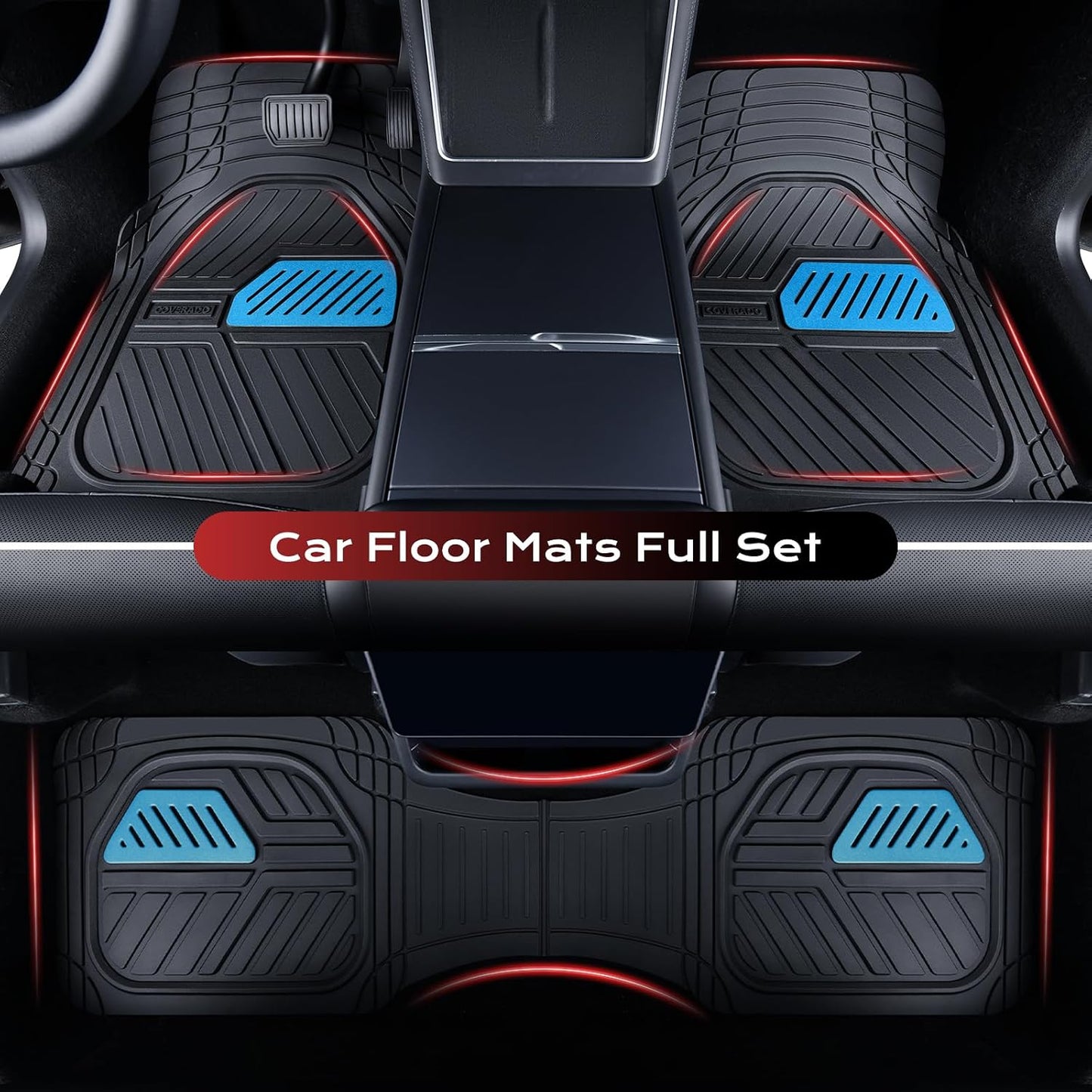 Coverado Car Floor Mats All Weather Waterproof Deep Dish Anti-Slip Car Mats Set, Heavy Duty Rubber Floor Mats for Cars, Universal Trim to Fit Automotive Floor Mats for Cars Trucks SUV, Black&Red