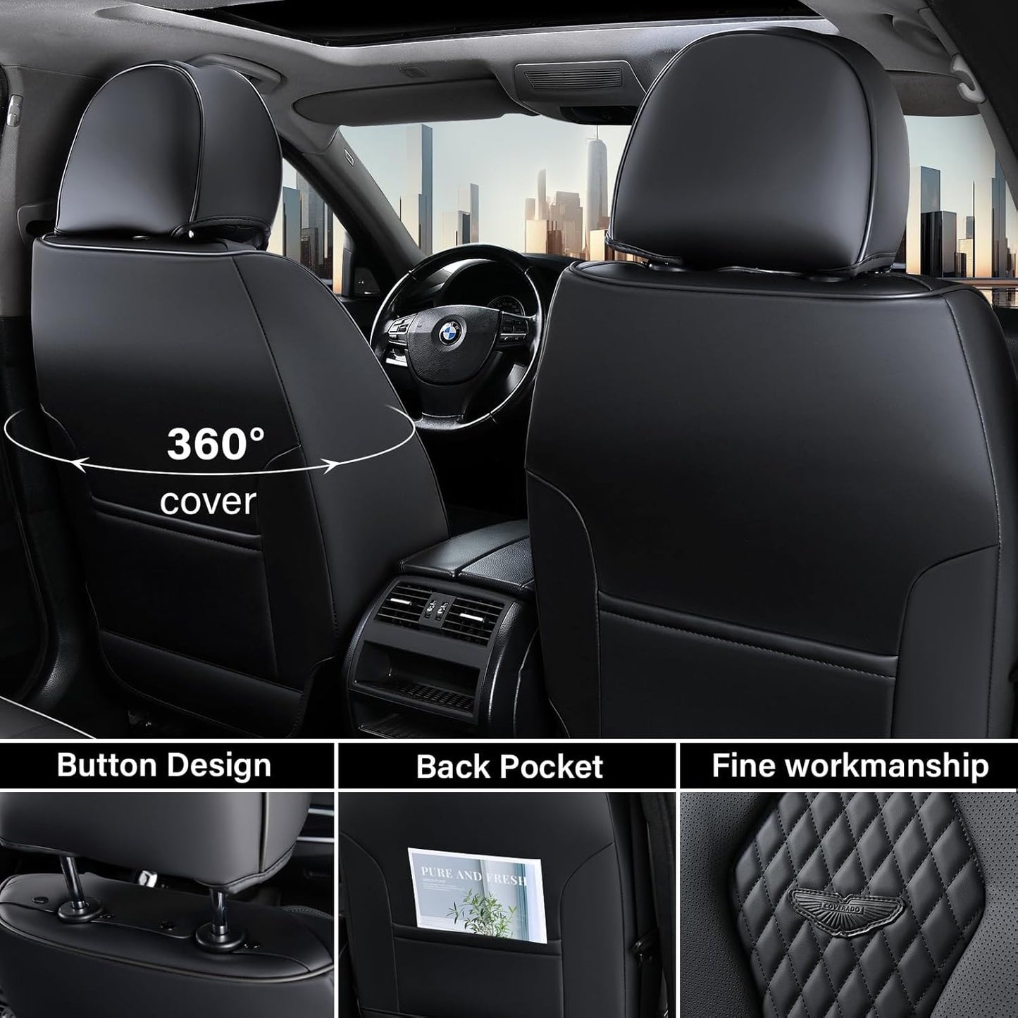Coverado Seat Covers, Car Seat Covers Full Set, Black Car Seat Cover, Car Seat Covers Front Seats Back Seat Cover, Waterproof Car Seat Cushion, Leather Seat Covers Seat Protector Fit for Most Cars
