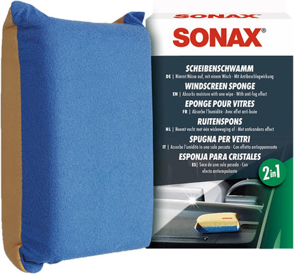 SONAX Windscreen Sponge 417100 | Dual Action Cleaning Tool for Streak Free Glass | Easily Removes Dirt Fog and Condensation from Windshields Windows and Mirrors | Compact and Reusable