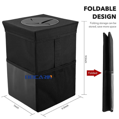 Car Trash Can with Lid - Trash Bag Hanging with Storage Pockets Leak-Proof SUV Organizer Collapsible and Portable Waterproof Truck Garbage Bin, 2.6 Gal Large Capacity Multipurpose Trash Bin for Van