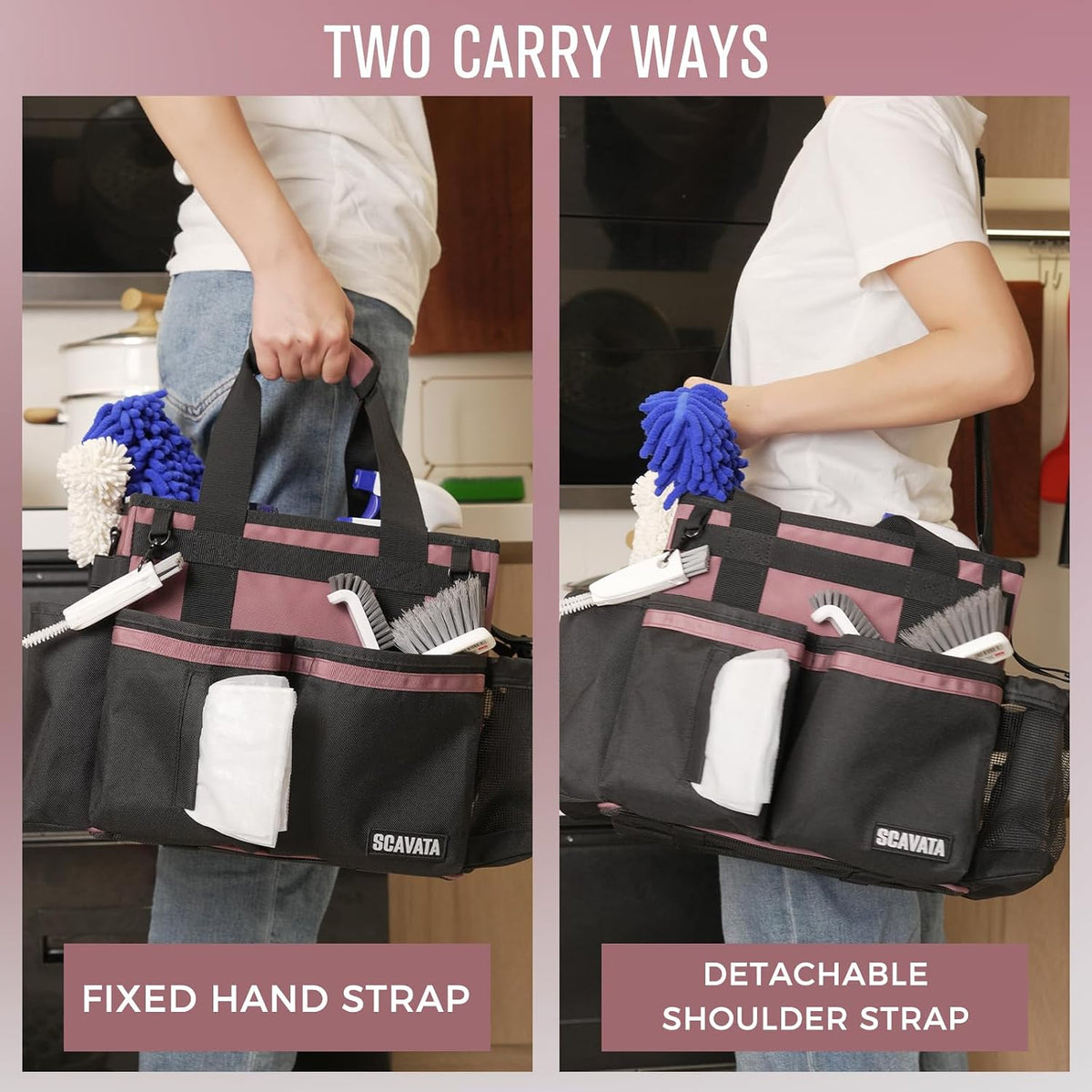 SCAVATA Compact Wearable Cleaning Caddy, Small Supplies Organizer with Handle & Shoulder Straps for Housekeepers, Under Sink & Car Cleaning Tool Organizer Bag (Black)