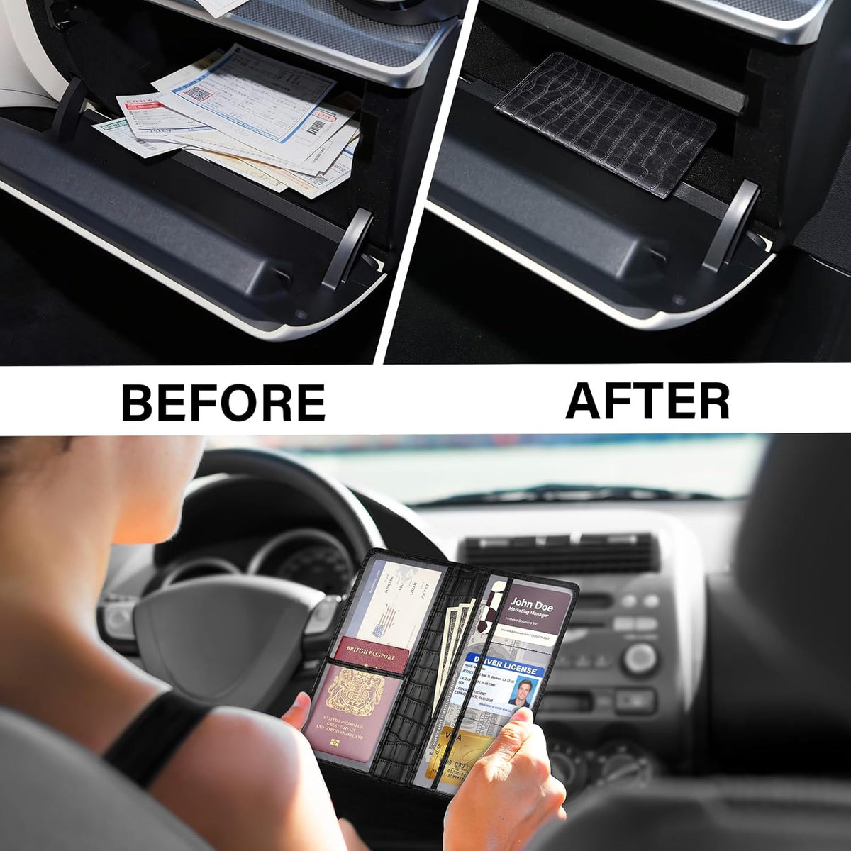 Car Registration and Insurance Holder, Black Vehicle Glove Box Car Organizer with Magnetic Closure for Documents, Cards, License Car Organization, 1 Pack