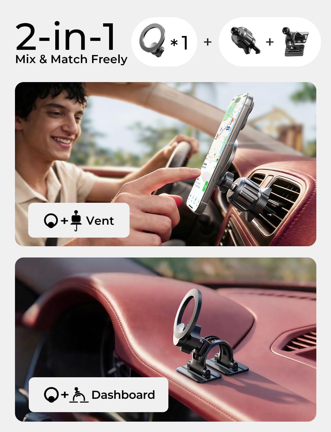 LISEN for MagSafe Car Phone Mount -Strong Magnets Magnetic Phone Holders for Your Car 2-in-1 Vent Dashboard Magnet Cell Phones Holder Mounts Car Accessories Gitfs for Men Women fit iPhone, Black | Dash Accents