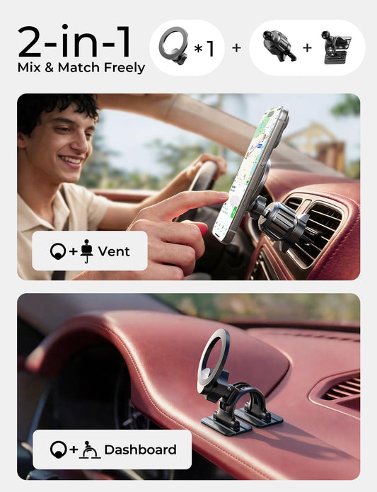 LISEN for MagSafe Car Phone Mount -Strong Magnets Magnetic Phone Holders for Your Car 2-in-1 Vent Dashboard Magnet Cell Phones Holder Mounts Car Accessories Gitfs for Men Women fit iPhone, Black | Dash Accents
