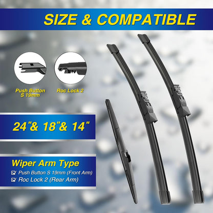 5 PLUS® Silicone Windshield Wipers Replacement for 2019-2024 Toyota RAV4/ 2006-2015 Mazda 5 Wiper Blades(Set of 3), Windshield Wiper Blades For My Car-26"/16"/12" - Colors A