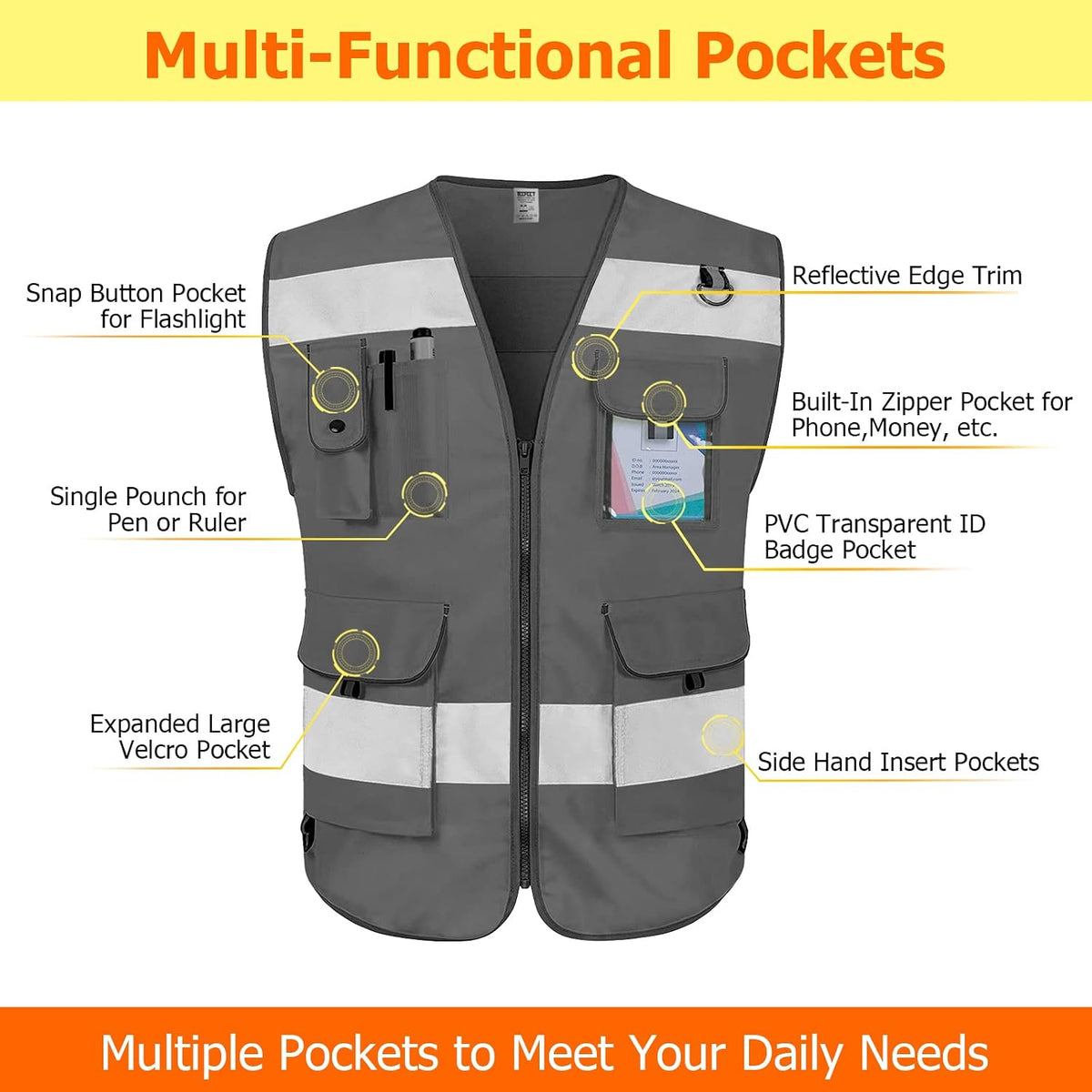 TCCFCCT Safety Vest for Men Women 9 Pockets High Visibility Vest for Safety, Reflective Work Vest with Reflective Strips, Meets ANSI/ISEA Standards, (Yellow, Large)