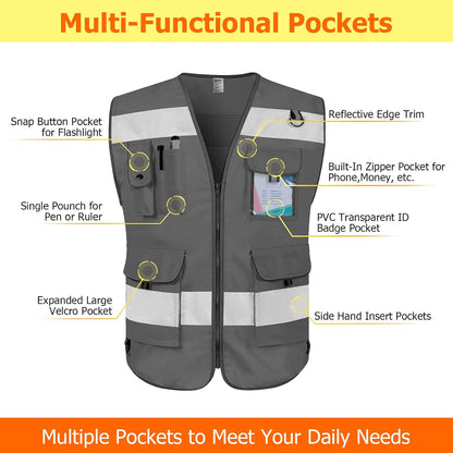 TCCFCCT Safety Vest for Men Women 9 Pockets High Visibility Vest for Safety, Reflective Work Vest with Reflective Strips, Meets ANSI/ISEA Standards, (Yellow, Large)