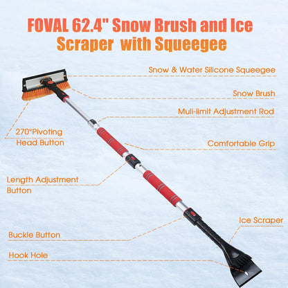 62.4" Snow Brush - Ice Scrapers for Car Windshield, 360°Pivoting Brush Head, Comfortable Foam Grip, Extendable Snow Removal Car Brush for Trucks SUVs, Essential Winter Tool