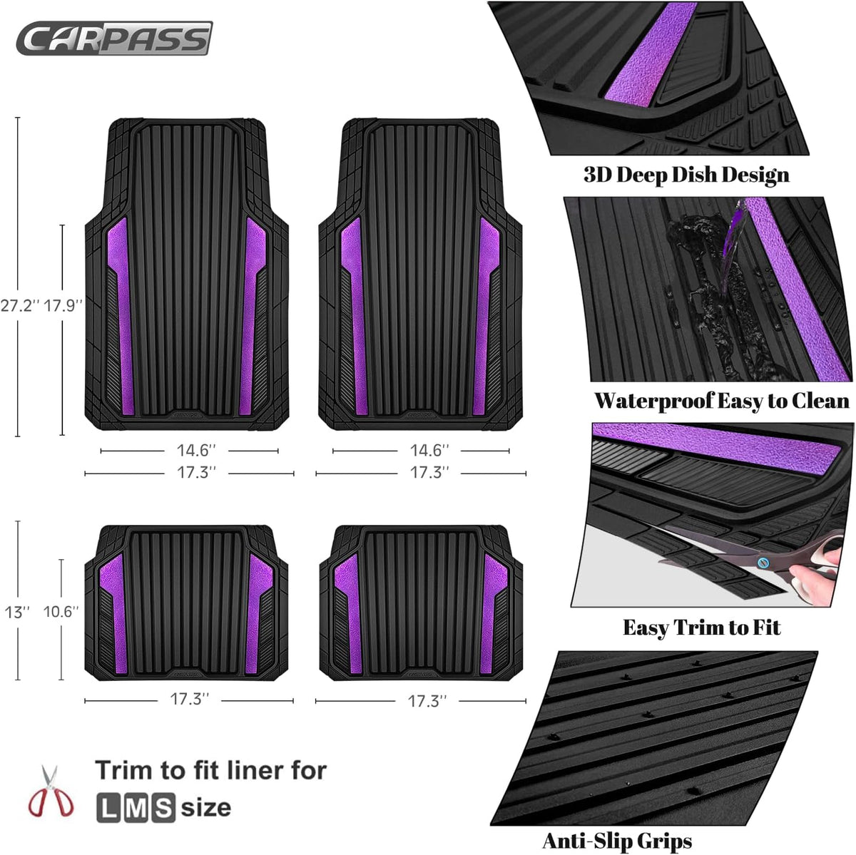 CAR PASS Heavy Duty Rubber Car Mats Metallic, Aluminum Film All Weather Floor Mats Waterproof Universal Trim to Fit Automotive SUV Sedan Van 4 Piece Anodized Deep Dish Two-Tone Sporty Black Red Chrome