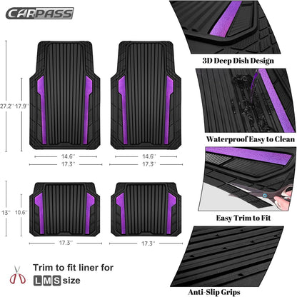 CAR PASS Heavy Duty Rubber Car Mats Metallic, Aluminum Film All Weather Floor Mats Waterproof Universal Trim to Fit Automotive SUV Sedan Van 4 Piece Anodized Deep Dish Two-Tone Sporty Black Red Chrome