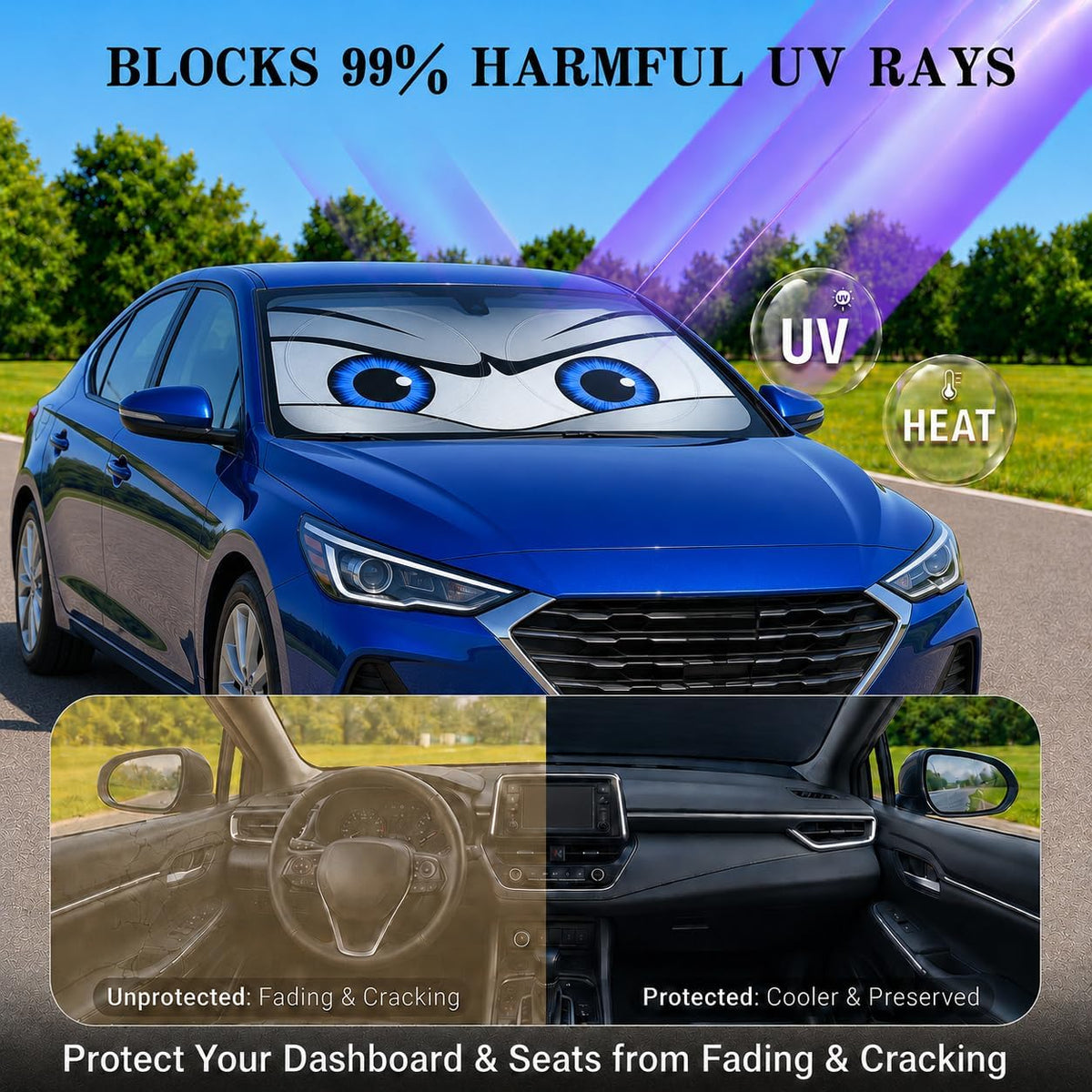 Car Windshield Sun Shade, Funny Cartoon Eyes Sun Visor for Car Windshield Universal Fits Sedan Compact Car Hatchback SUV, UV Heat Protection - 59 x 27.5