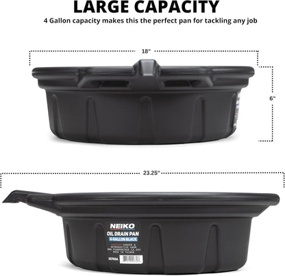 NEIKO 20760A 4 Gallon (16L) Anti-Splash Drain Container with Pour Spout, Black Plastic Drip Catcher for Fluid Changes