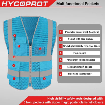 HYCOPROT High Visibility Mesh Safety Reflective Vest with Pockets and Zipper, Meets ANSI/ISEA Standards