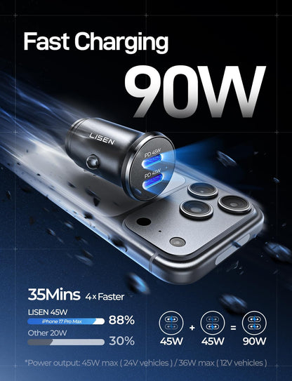 LISEN 90W USB C Car Charger USB C Fast Charge, 45W PD&QC 3.0 Fast Car Charger for iPhone 17 Pro Max 16 15 Pro, Cigarette Lighter USB Charger Adapter for Samsung S26 S25, Android [Metal&Mini] Sockets