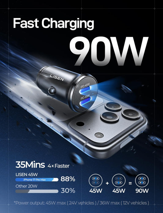 LISEN 90W USB C Car Charger USB C Fast Charge, 45W PD&QC 3.0 Fast Car Charger for iPhone 17 Pro Max 16 15 Pro, Cigarette Lighter USB Charger Adapter for Samsung S26 S25, Android [Metal&Mini] Sockets