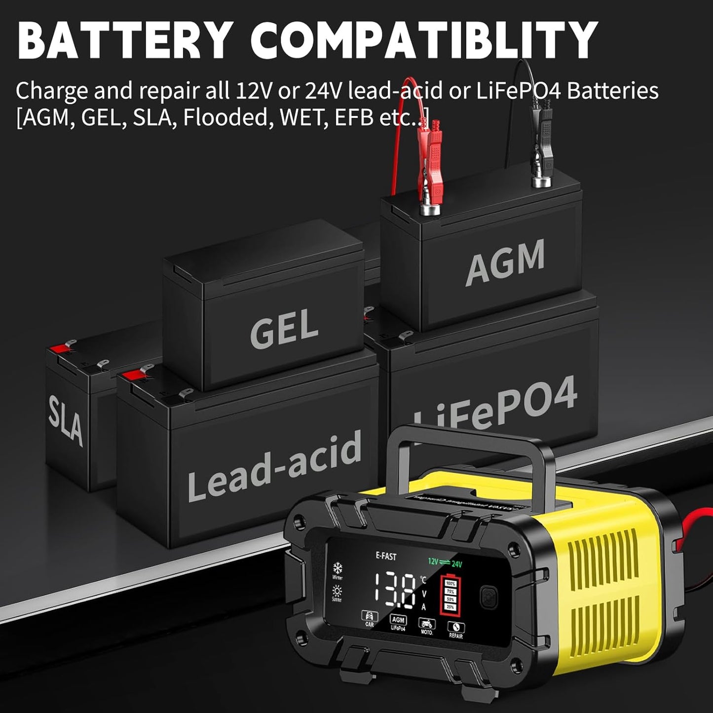 E-FAST 20A Smart Car Battery Charger, 12V 24V Maintainer & Desulfator - Compatible with LiFePO4 Lithium, AGM, Gel, SLA, Deep Cycle - High-Power Trickle Charger for Car, Truck, RV, Boat, Marine