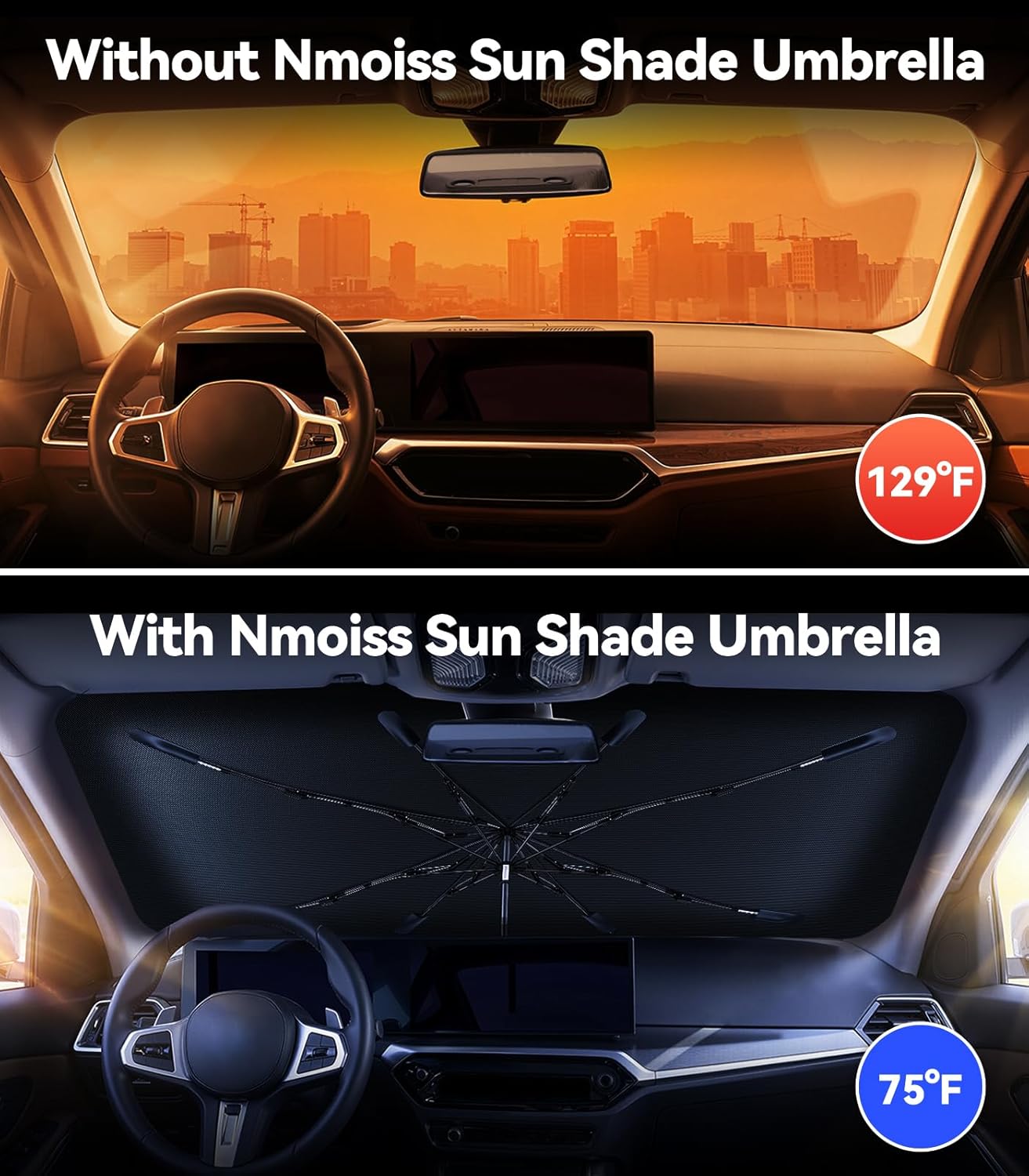 [Upgraded] Nmoiss Windshield Sun Shade Umbrella - [Vinyl Coating Heat Shield] Protect Car from Sun Rays & Heat Damage Keep Cool and Protect Interior, Spring Structure Edge Medium 56" L x 31" W