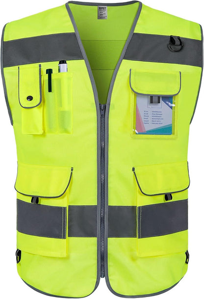 TCCFCCT Safety Vest for Men Women 9 Pockets High Visibility Vest for Safety, Reflective Work Vest with Reflective Strips, Meets ANSI/ISEA Standards, (Yellow, Large)