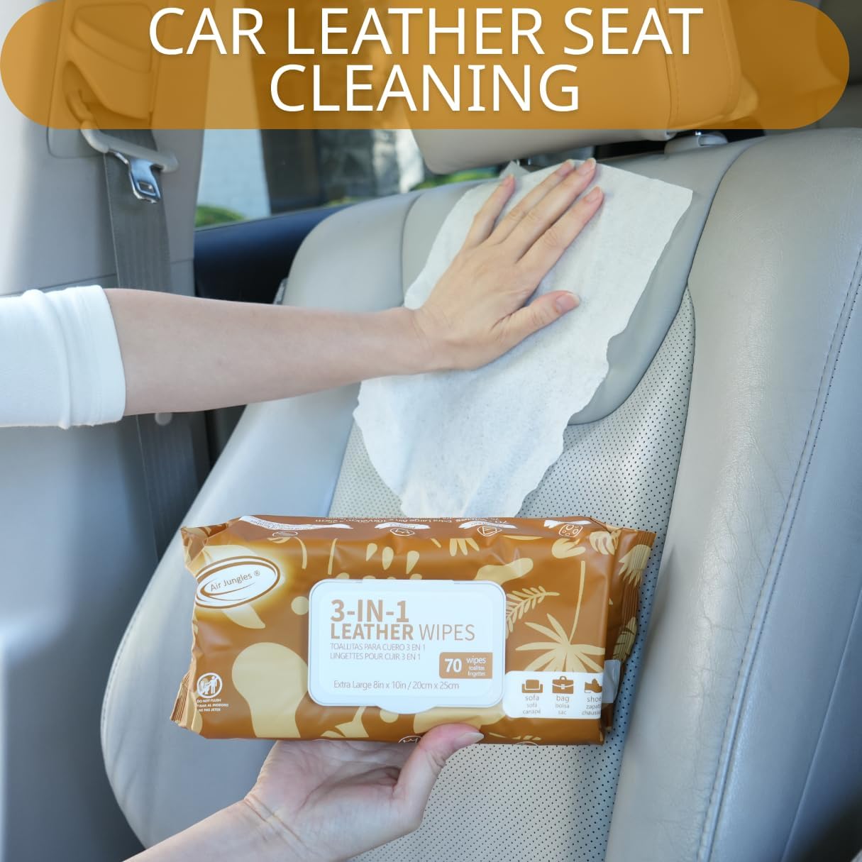 Air Jungles 3in1 Leather Cleaner Wipes 70 Count, Extra Large 8" x 10" Size, Clean Condition Protect Wipes for Vinyl and Leather Apparel Furniture Auto Car Interior Shoes Boots Bags