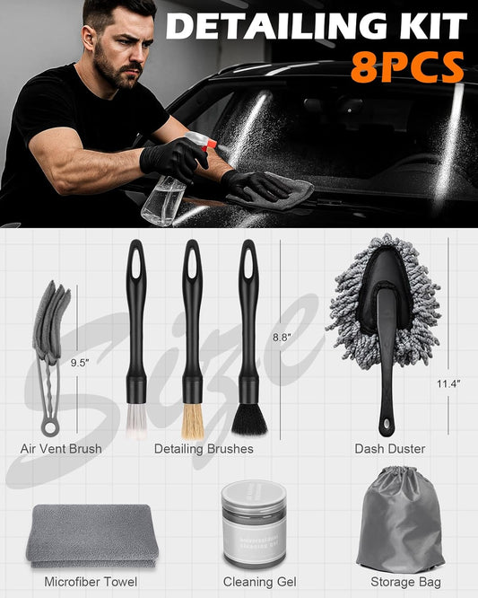 8PCS Car Interior Detailing Kit for Men - 200g Cleaning Gel (185% More Than 70g), Ultra-Soft Detailing Brush Set with Dash Duster, Air Vent Brush & Microfiber Towel