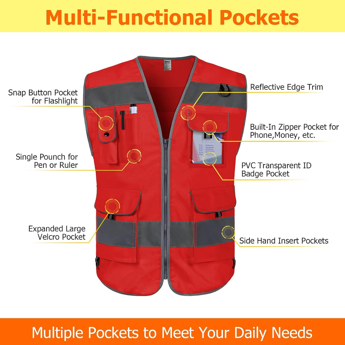 TCCFCCT Safety Vest for Men Women 9 Pockets High Visibility Vest for Safety, Reflective Work Vest with Reflective Strips, Meets ANSI/ISEA Standards, (Yellow, Large)