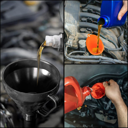3 Pcs Automotive Funnels Set, Wide Mouth Fuel Funnels, Plastic Long Neck Oil Funnel, Flexible Right Angle Funnels, with Detachable Spout and Filter for Water/Gasoline/Coolant/Engine Oil