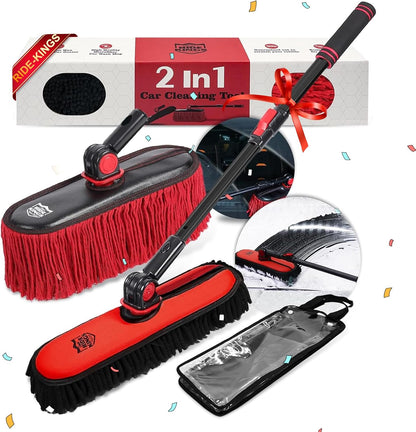 Car Duster Exterior with Extendable Handle, Scratch Free Auto Wash Brush Mop, Interior Detailing Kit for Truck RV Boat - Wax Cotton Duster & Interior Brush, Red