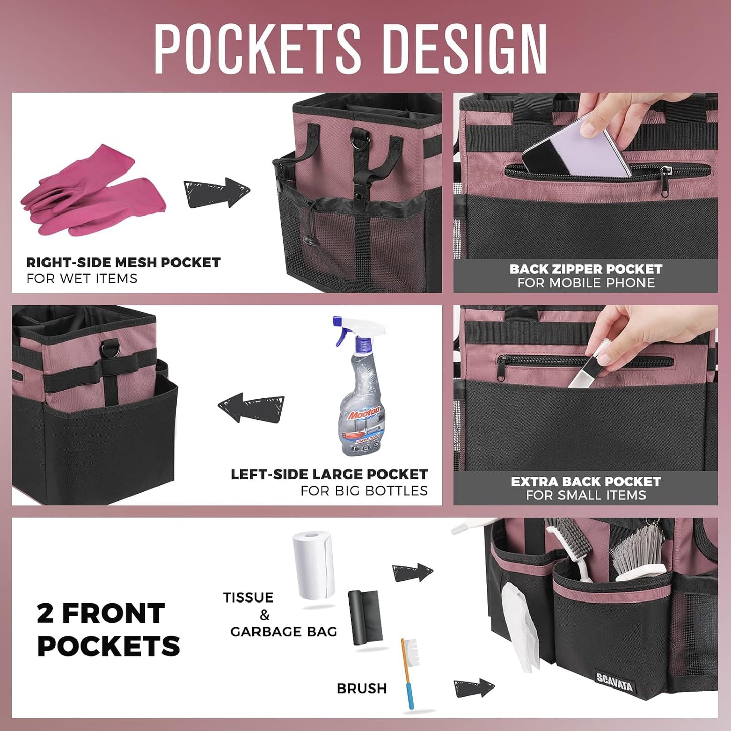 SCAVATA Compact Wearable Cleaning Caddy, Small Supplies Organizer with Handle & Shoulder Straps for Housekeepers, Under Sink & Car Cleaning Tool Organizer Bag (Black)