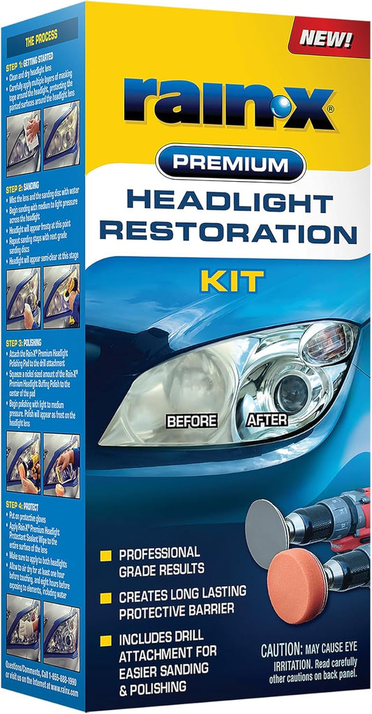 Rain-X 610153 Headlight Restoration Kit - Car Light Lens Cleaner/Restorer with Sanding & Polishing Drill Attachments & Sealant Wipe, Removes Scratches & Oxidation- All in 1 Long Lasting Formula