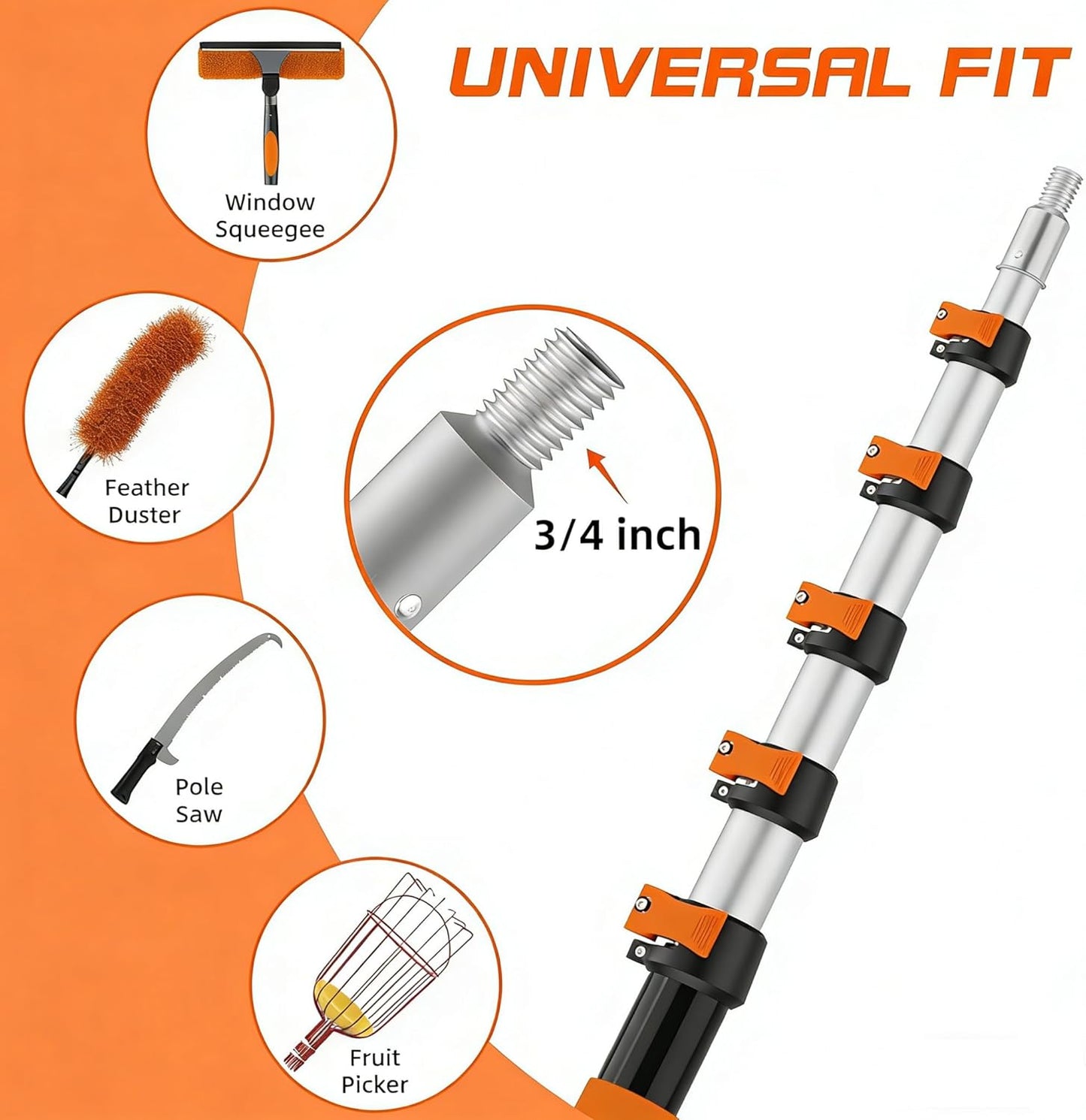 14FT Car Wash Brush with Long Handle, 12-Inch Soft Bristle Car Cleaning Brush for Cleaning RV, Truck, Boat, Solar Panels, Orange
