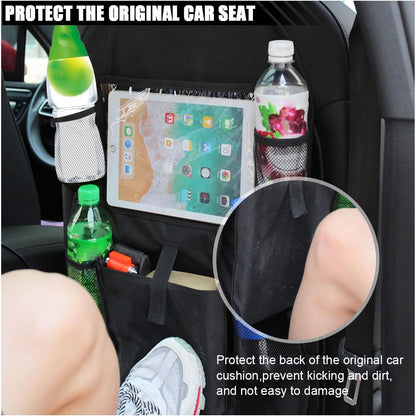 2PCS Car Backseat Organizer with Clear 10" Tablet Holder + 5 Storage Pockets - Seat Back Protector Kick Mats for Kids - Car Back Seat Storage Organizer - Road Trip Essentials Travel Accessories