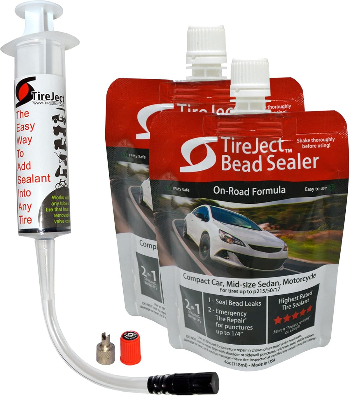 TireJect Automotive Compact Car 2-in-1 Tire Sealant & Bead Sealer Kit for tire Repair of leaks and punctures