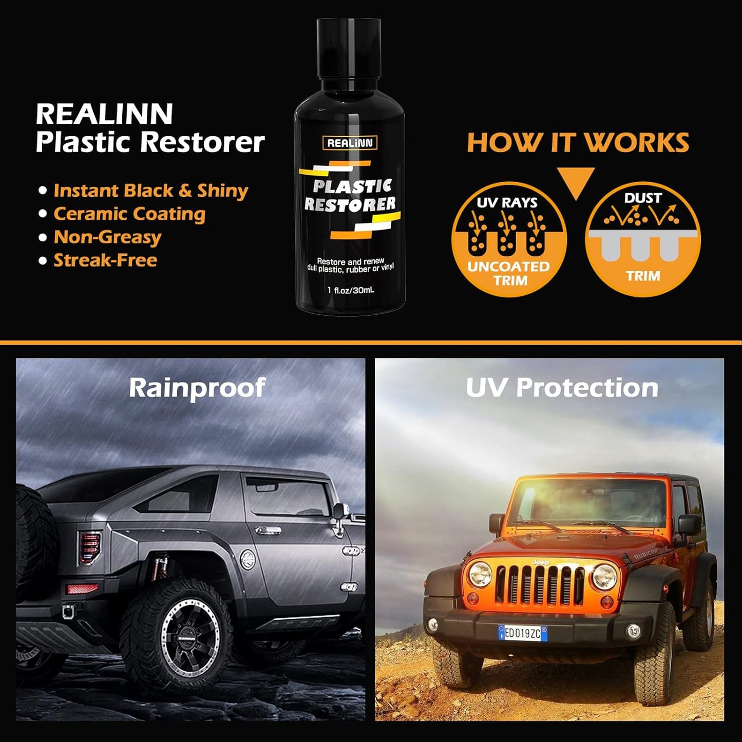REALINN Plastic Restorer - Cars Ceramic Coating Trim Restore, Shines & Protects Plastic, Vinyl & Rubber Surfaces