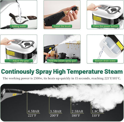 2500W Handheld Steam Cleaner, 15s Fast Heat-Up High Temp Pressurized Steamer, 1.2L Large Tank, Portable Steam Cleaning Machine for Home, Kitchen, Bathroom, Car, Grout & Furniture (Black)