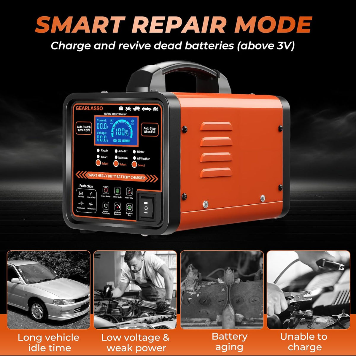 12V 24V Car Battery Charger Heavy Duty, 0-15A Automatic Battery Maintainer with Auto Shutoffs, Repair and Winter Mode, Smart Trickle Charger for Car Truck Motorcycle RV AGM Deep Cycle