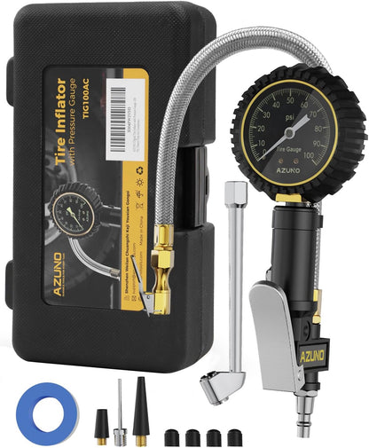 AZUNO Digital Tire Inflator with Pressure Gauge, 200 PSI, Heavy Duty Air Compressor Accessories, with Rubber Hose Lock on Air Chuck and Quick Connect Coupler, Comes with a Portable Carrying Box