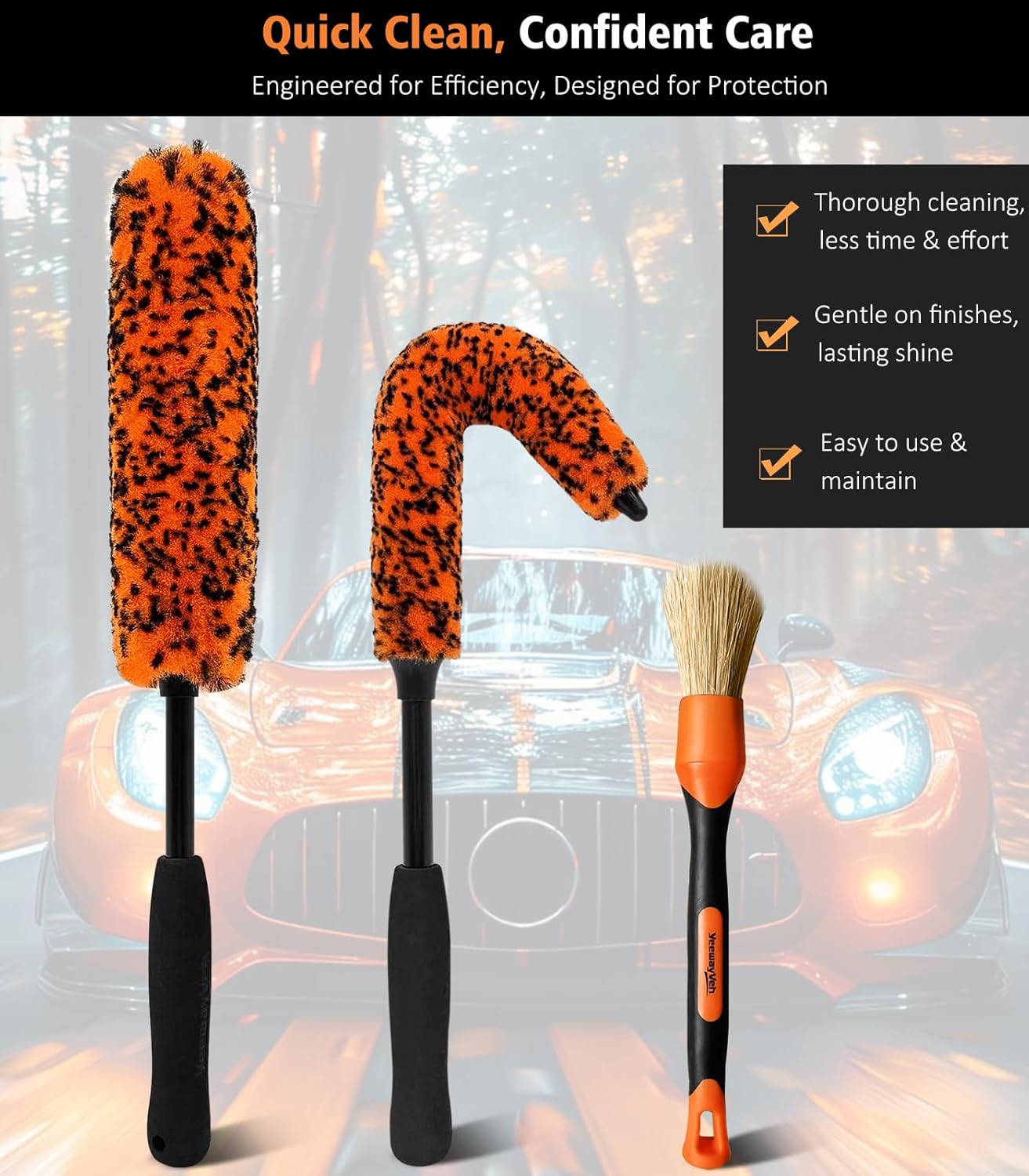 YeewayVeh 3PCS Quick Car Wheel Brush Kit, 2-Size 360° Bendale Rim Cleaner Brushes, Boars Hair Detailing Brush, Fast Scratch-Free Cleaning for Car Wheels, Motorcycle, Orange